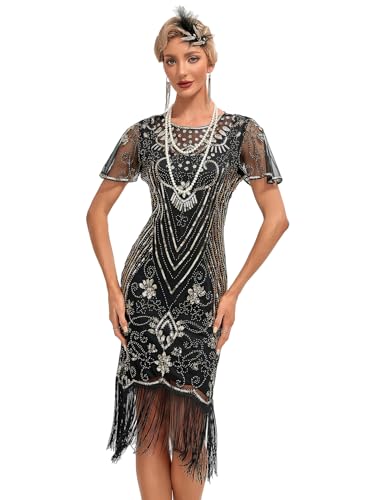 Viloree Robe Soirée Femme Paillette Frange Robe Année 20 Noir & Or (53) 3XL