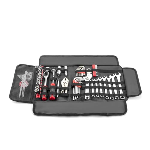 Mofun 64-Piece Motorcycle Tool Kit With Roll Pouch Compatible with Harley Motorcycles Include Long Pattern Combination Wrench Set Dr Spark Plug Socket Metric Hex Key Set Star Key Set Black