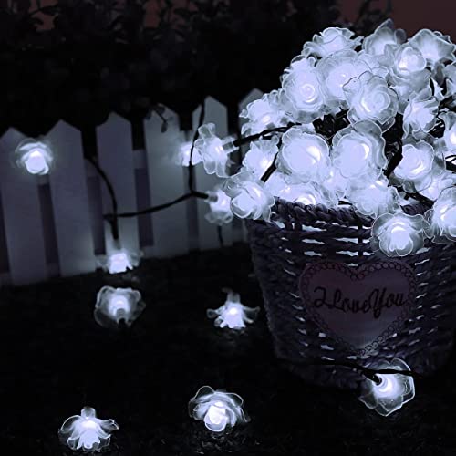 Wonfast Solar Flower String Lights, Waterproof 20Led Rose Flower 2 Mode Solar Starry Lighting Christmas Fairy String Lights For Gardens Path Homes Wedding Party Decor(Rose-White) #TOP2