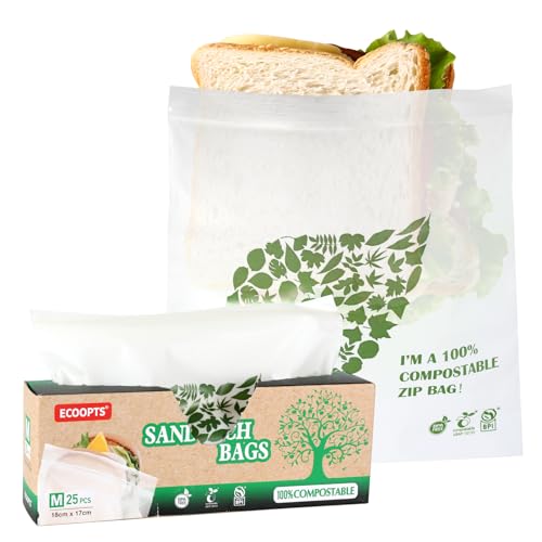 100% Compostable Sandwich Zip Bag | ECO-Friendly Food Storage Bags | Freezer Bag | Plant-Based BPA-free | Seal well for Sandwich,Fruit,Food and Snack (1Pack, Sandwich Size)