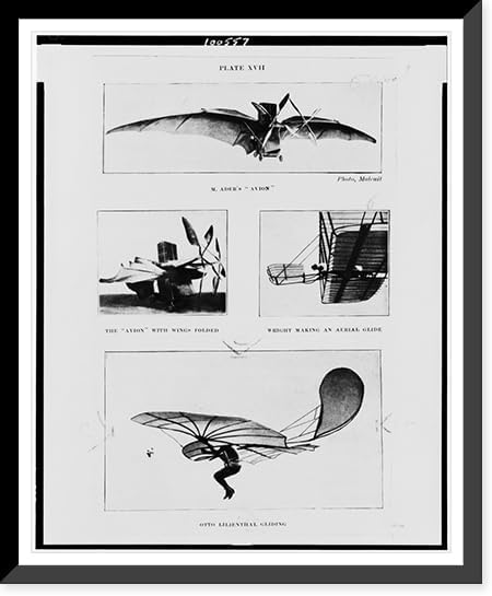 Historic Framed Print, M. Adler's Avion".photo, Malcuit. The "Avion" with wings folded. Wright making an aerial glide. Otto Lilienthal gliding",