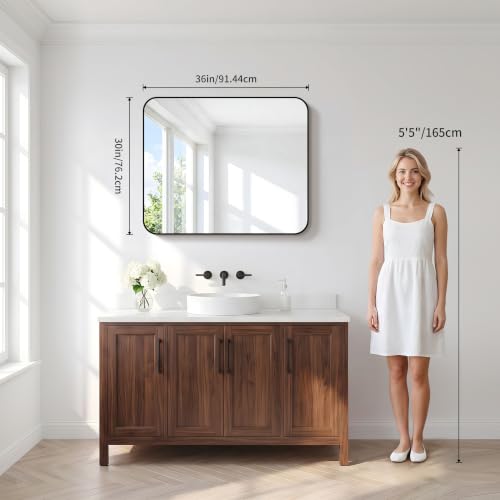 Image of 2pcs Bathroom Mirror, 36 x 30 inch Metal Framed Black Rectangle Mirror, Rounded Corner Rectangular Vanity Mirror, Wall Mounted Mirror for Modern Bedroom Living Room