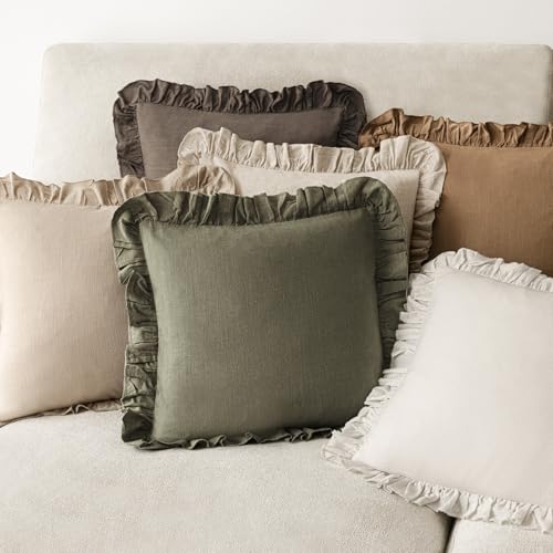 Image of Foindtower Set of 2 Decorative Soild Fringe Ruffle Throw Pillow Covers Soft Boho Farmhouse Cushion Cover Cozy Accent Retro Pillowcase for Couch Sofa Bed Living Room Home Decor,18x18 Inch,Olive Green