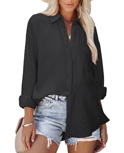 siliteelon Button Down Shirts for Women Cotton Long Sleeve Blouse Oversized Boyfriend Collared Blouses Tops with Pocket