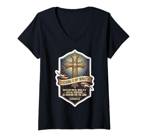 Womens Christian Man Teacher Teaching is My Ministry Bible Quote V-Neck T-Shirt