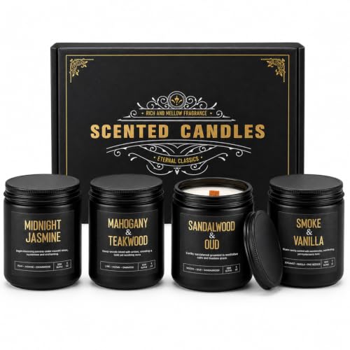 Crackling Wood Wick Candles &ndash; 4 Pack 36oz Soy Scented for Men