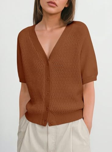 Image of Dokotoo Womens Summer Tops 2024 Trendy V Neck Hollow Out Cropped Button Down Shirts Puff Sleeves Blouses