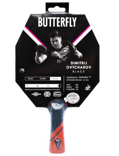 Butterfly® Dimitrij Ovtcharov Black - Raqueta de Tenis de Mesa (tecnología EVA, Revestimiento Wakaba Certificado ITTF, Esponja de 2,1 mm, para Jugadores avanzados)