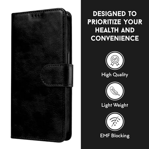 RadEnergy EMF Protection Anti Radiation Flip Folio Case for iPhone 12/12 Pro, Genuine Leather, FCC & NVLAP Lab Tested Up to 99% Radiation Reduction, Wallet Cover w Card Holder & Stand Function, Black by RadEnergy - Image 4