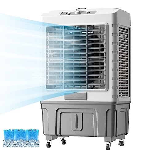 Enfriador portátil 3 en 1 con 3 velocidades, gran volumen de aire, oscilación de 120°, incluye paquetes de hielo y tanque de agua grande para refrigeración interior y exterior