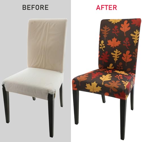 Amonsa Fall Chair Covers Set Of 2 For Kitchen Dining Chairs Stretchy Spandex Fabric Washable Fitted Brown Slipcover Chair Protector With Elastic Party Decoration Maple Leaf thumb #2