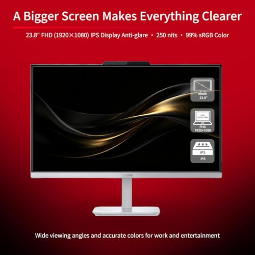 Image of Lenovo 23.8 inch FHD IPS all-in-one desktop computer, Intel N100, 16GB RAM, 512GB SSD, Wi-Fi 6, Windows 11 Pro, white