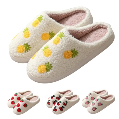 Fuzzy Cute Fruit Slippers for Women with Thick and Soft Plush Fleece Winter House shoes (Pinapple,11-11.5,11,11.5)