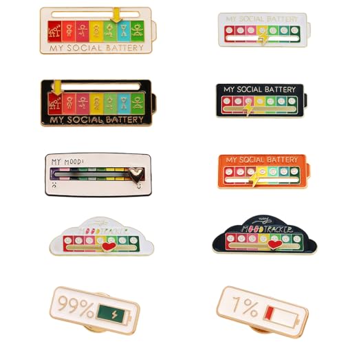 Zueyen 10 Stück Social Battery Pins, Mood Tracker Pin mit Schieberegler, Interaktive Stimmungsnadeln, Anstecker, Stimmung Brosche für Kleidung Taschen Jacken Hut