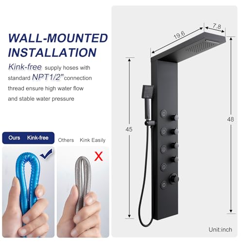 ROVATE Shower Panel Tower with Rainfall Waterfall Shower Head, Elegant Matte Black 4-in-1 Shower Tower Syetem with Jets and Handheld, Stainless Steel Shower Column High Pressure