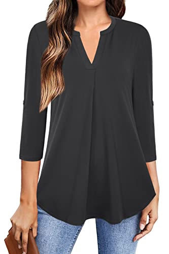 Siddhe Damen Bluse Tops Elegant Longbluse 3/4 Ärmel Damentunika V-Ausschnitt Tunika A-Linie Locker Arbeit Longshirt Lässige Business Oversize Frauen Damenoberteile Mode Hemd Damenblusen, Schwarz XXL Cover