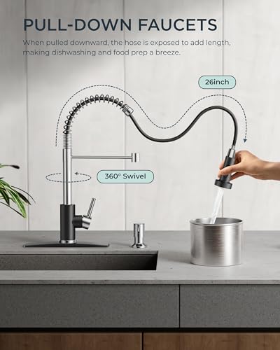 Image of FORIOUS Kitchen Faucet with Pull Down Sprayer, Stainless Steel Commercial Single Handle Classic Spring Pull Out Sink Faucet for Pot Filler, Farmhouse Camper Bar Laundry Room, Black Chrome