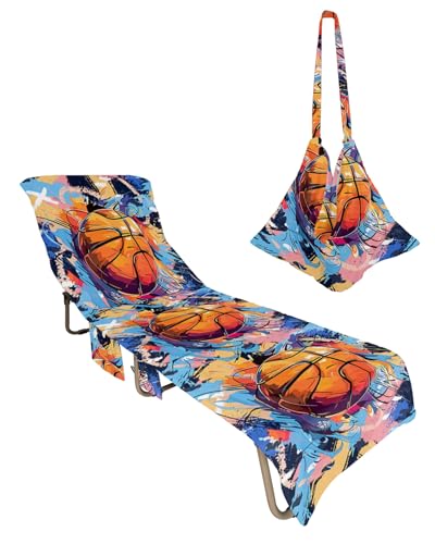 Basketball Beach Lounge Chair Towel Cover, Soft Chaise Lounge Towel with Side Pockets Patio Pool Chairs Cover for Beach/Pool Sunbathing 29x85 Yellow Blue Pink Watercolor Abstract Art Sports