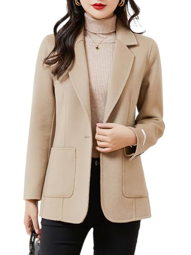 ebossy Women's Wool Pea Coat Notched Lapel 1-Button Business Office Blazer Jacket Elegant Short Coat with Pockets