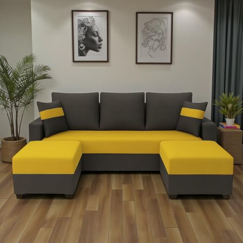 Image of FURNY Opalz Premium 3 Seater Fabric Sofa Set with 2 Ottomans for Living Room-Modern Fabric Sofa for Living Room | with Velvet Fabric |in Yellow & Grey Color | Durable Comfort | Mode
