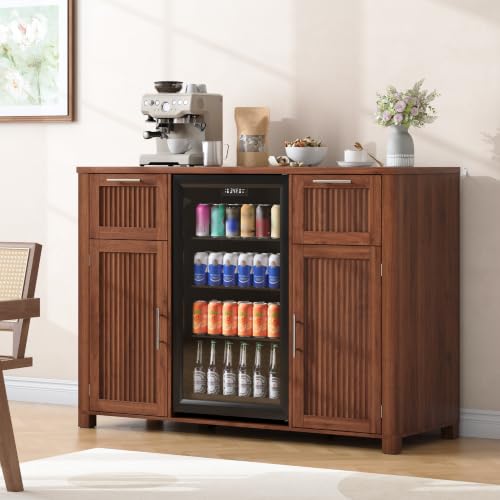 Image of 53 inch Long Fluted Mini Fridge Cabinet with Power Outlet & 2 Drawers, Walnut | Coffee Bar Cabinet with Fridge Space, Modern Wine, Snack Bar, Buffet Cabinet with Door Storage for Living Room, Kitchen, Home