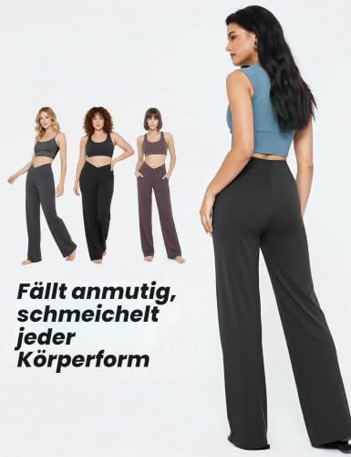 Yogaration Yogahose Sporthose Damen, Weite Hose High Waist Freizeithose mit V-Taille, Bequem Wide Leg Hose Arbeithose mit Tasche, Trainingshose Fitness Jogginghose