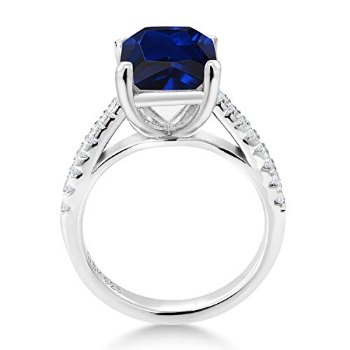 Gem Stone King 4.26 Cttw Blue and White Created Sapphire Engagement Ring For Women | 925 Sterling Silver | Emerald Cut 10X8MM | Available in size 5, 6, 7, 8, 94