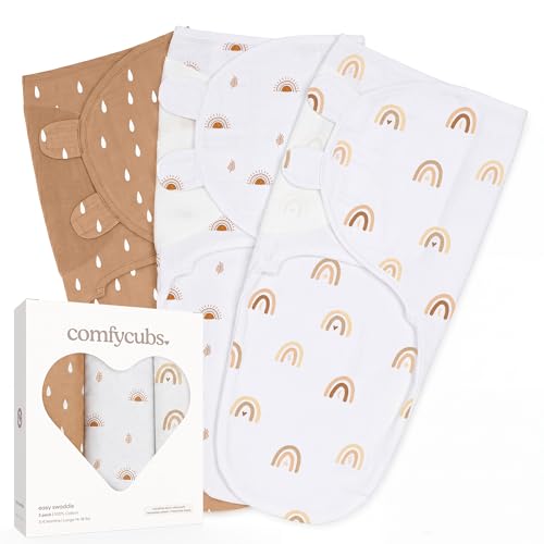 Image of Comfy Cubs Easy Swaddle Blanket, 3 Pack - 100% Cotton Newborn Wrap, Large for 3-6 Months Infants, Breathable and Durable Sleep Sack for Babies - Rainbow Bohemian