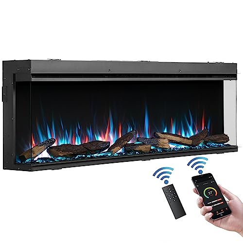 FLAMME Knighton 150cm/59 3-Sided Electric Media Wall Fire, Recessed TV Media Wall, Multiple Flame Colours, Sound Effects and APP Control