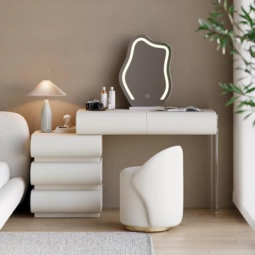 Image of homary White Makeup Vanity Set with LED Mirror and Dressing Stool, Modern PU Leather Dressing Table with Drawers for Bedroom, Ideal for Women Girls (White)