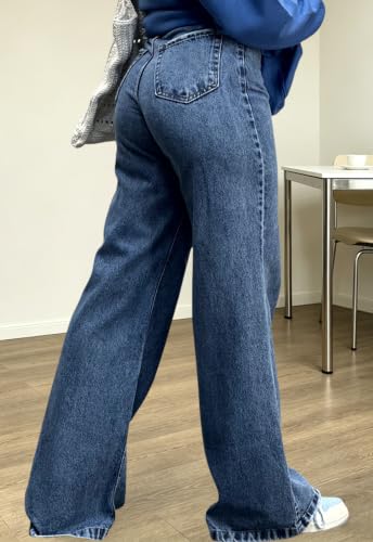 Image of Women's Straight Leg Jeans High Waisted Wide Leg Stretchy Baggy Denim Pants