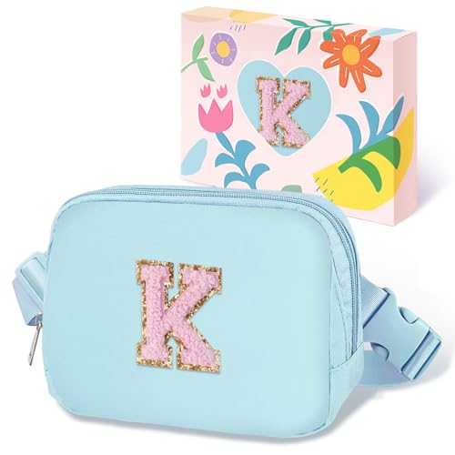 COSHAYSOO Valentines Birthday Initial Gifts for Teen Girls 5 6 7 8 9 10 11 12 13 14 Year Old Blue Fanny Pack for Girls Belt Bag Crossbody Travel Purse Unique Trendy Fashion Stuff Chenille Letter K