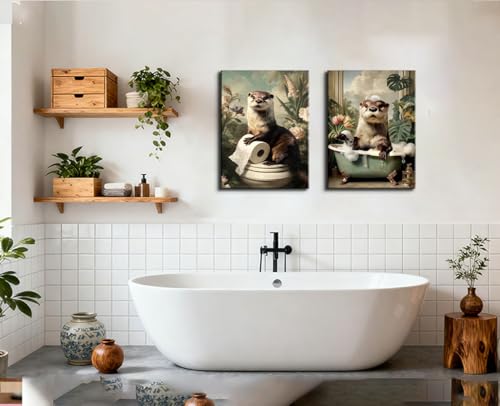 Image of Frimeeme Otter Canvas Wall Art for Bathroom Decor 12x16 Inch | 2 Pieces, Ready to Hang