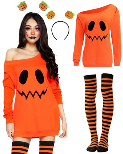 Brikabia Pumpkin Costume Halloween Costume for Women Pumpkin Dress Headband Striped Tights for Halloween Cosplay Party Outfits