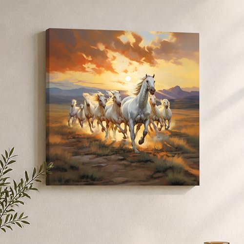 Image of 7 White Running Horses Wall Art Painting For Living Room, Vastu Abstract Landscape Stretched Canvas Wall Art Poster for Living Room, Office & Home Decor (55x55 cm)