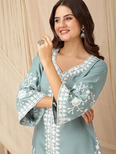 Image of EthnicJunction Women's Cotton Blend Chikankari Embroidered A-Line Kurta Palazzo Set Ethnic Wear Office Wear Daily Wear Festive Kurta Set for Women