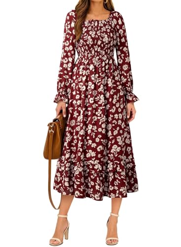 Image of Dokotoo Boho Dresses for Women 2025 Casual Floral Square Neck Long Sleeve Smocked Elastic Waist Tiered Ruffle Hem Maxi Dress