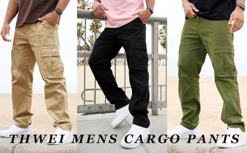 THWEI Cargo Pants for Men Casual Cotton Lightweight Relaxed Fit Stretch Elastic Waist Work Pants4