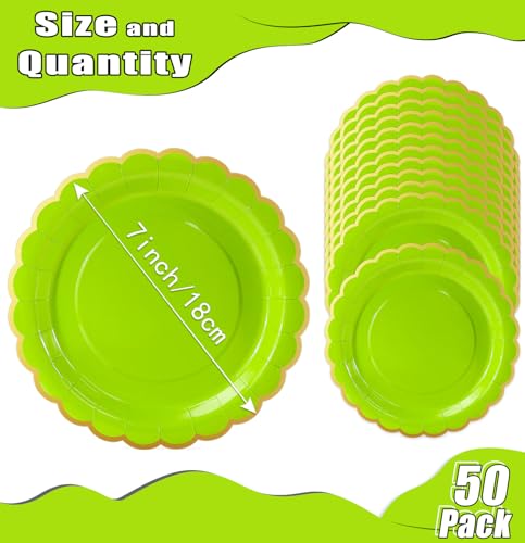 Image of HEIPINIUYE 50 Pieces Lime Green Paper Plates with Gold Foil 7 Inch Disposable Lime Green and Gold Scalloped Dinner Plates for Wedding Baby Shower Birthday Party Dessert Plate