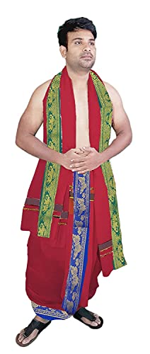 Image of TUNI MANI Men's Panchakacham Dhoti with Angavasthram Towel, Jari Border, 100% Cotton, Size: 9 X 5 (4.0mtr Dhoti, 2.25mtr Towel) (Unstitched)