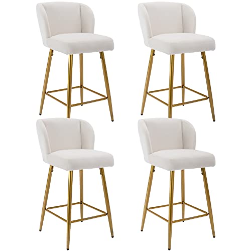 Modern Counter Height Bar Stools Set of 4, 26 Inch Faux Sherpa Upholstered Bar Stools with Back, 18" Seat Wide Island Stools with Black Metal Frame for Kitchen Counter/Breakfast Bar/Restaura