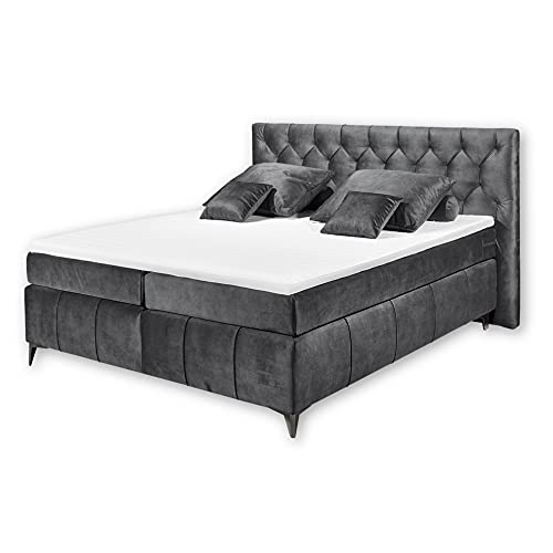 Stella Trading PEMBROKE 8 Boxspringbett 180x200, Anthrazit - Bequemes Doppelbett mit 7-Zonen-Federkern Matratze & Topper mit Klimaband - 200 x 121 x 210 cm (B/H/T)