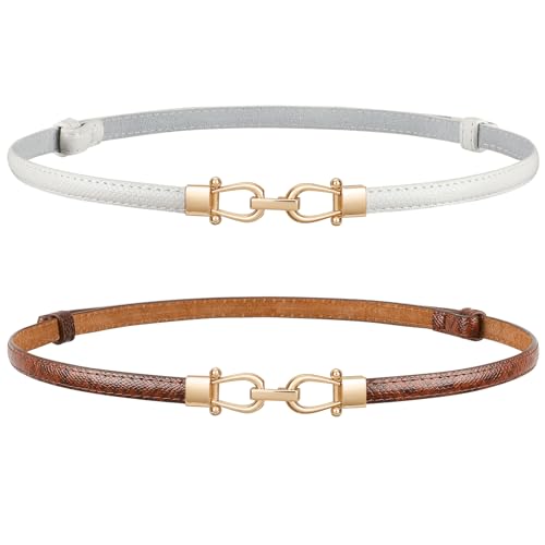 Image of JASGOOD Leather Skinny Belts for Women Plus Size Ladies Thin Waist Belts Adjustable for Jeans Pants Dresses with Gold Buckle