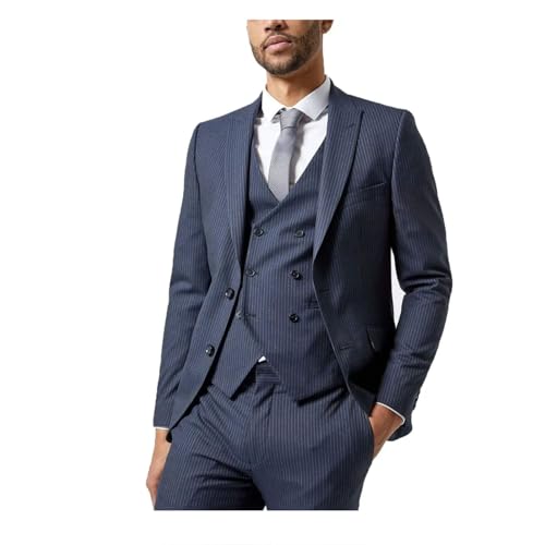 Men Skinny Pinstripe Lapel Two Button Jacket Pant Vest 3 Pieces Suit Set Navy Blue3