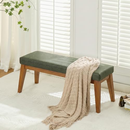 Image of 43.5 inch Upholstered Faux Leather End of Bed Entryway Bench, Olive Green | Padded upholstered bench with solid wood legs, ideal for entryway, dining room, bedroom, vanity area, or living room.