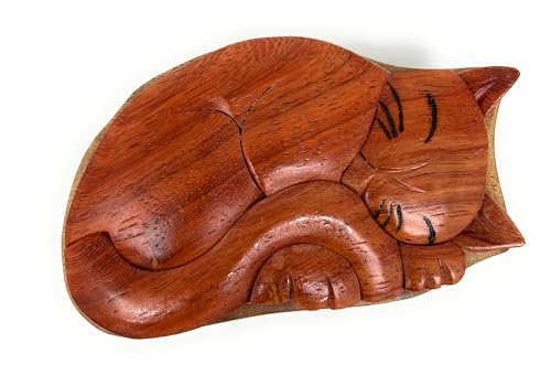 Sleeping Cat Wood Puzzle Box – Handcrafted Animal Keepsake Made from Exotic Hardwood | Hidden Compartment Gift for Cat Lovers, Jewelry, or Trinkets