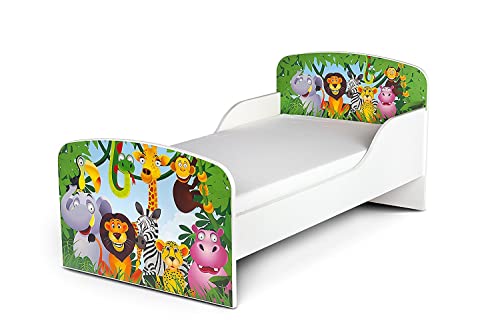 Leomark Funktionsbett aus Holz - Dschungeltiere - Kinderbett mit Matratze, Holzbett mit Seitenschutz Lattenrost, Komplett Set für Kinder, Liegefläche 70/140 cm, UV-Druck