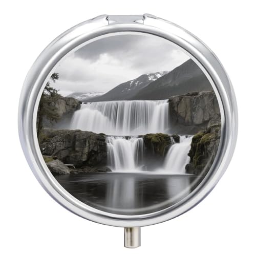 Compact 3 Compartment Round Pill Organizer, Portable Travel Pillbox Waterfall Scenery Pill Case Daily Medicine Container for Men Women
