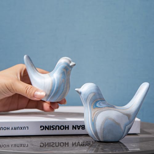 Estatuas decorativas de pájaro en cerámica azul y blanca 2 piezas miniatura 2