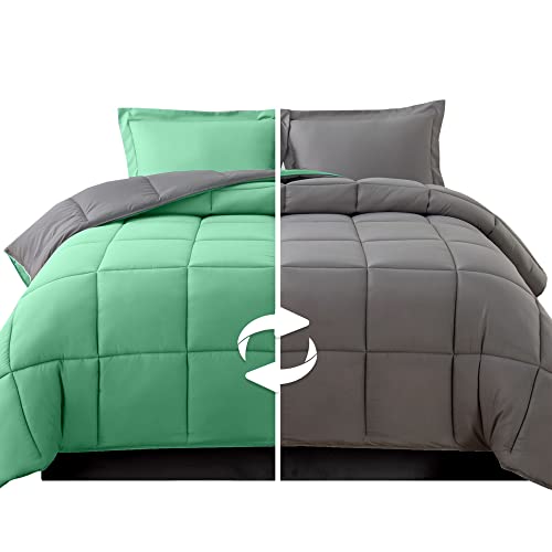 Image of Elegant Comfort 3-Piece Reversible Comforter Set, All Season Cozy, Soft Down Alternative, Quilted - Box Stitched - Duvet Insert with 4 Corner Tabs, Comforter with Shams, Cali King, Tiffany /Gray